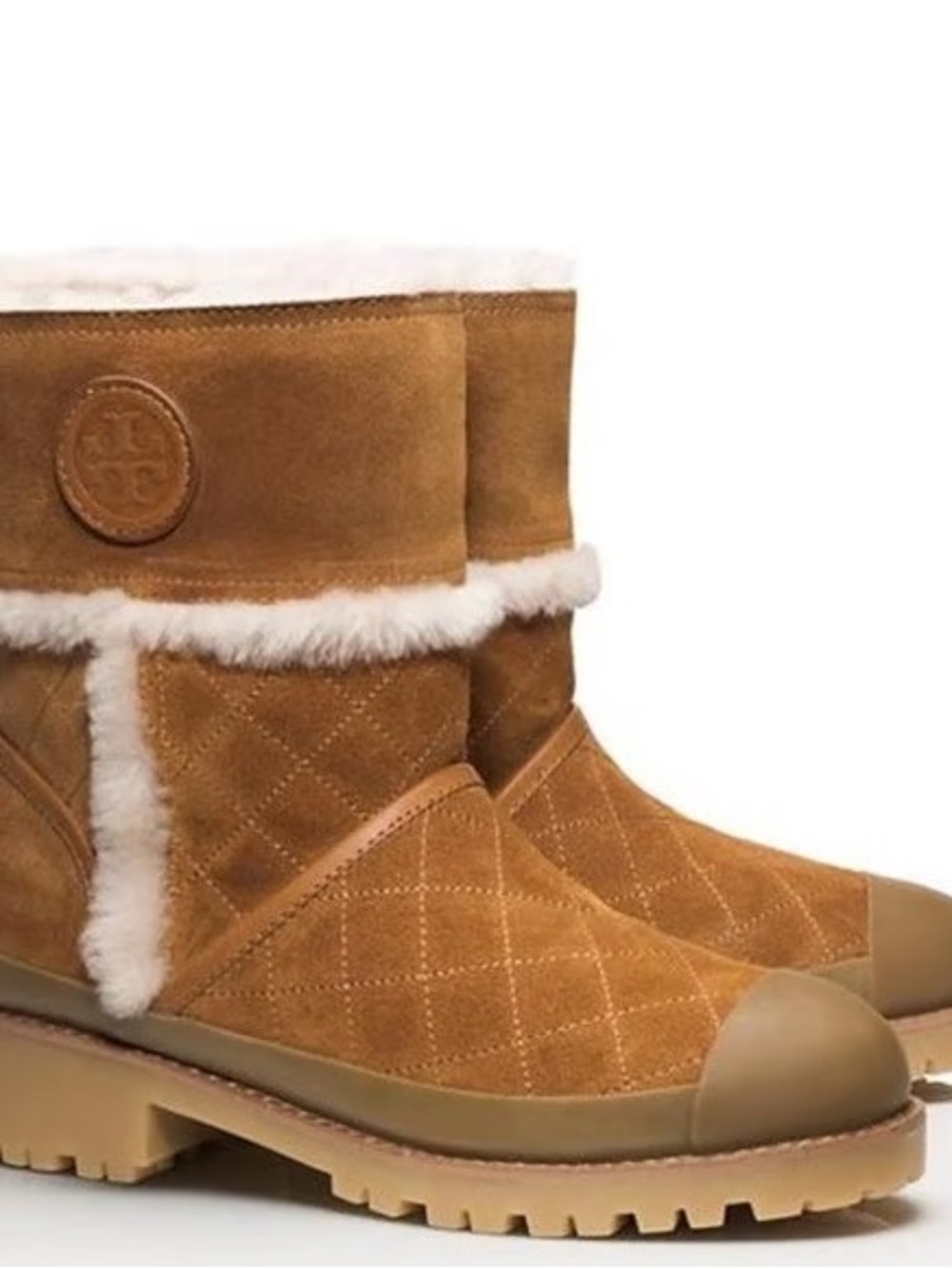 Tory Burch Boughton Tan Quilted Suede Shearling-Trim Winter Boots